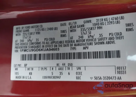 2019 Ford Escape Se from USA, damaged, VIN 1FMCU9GD6KUA94603
